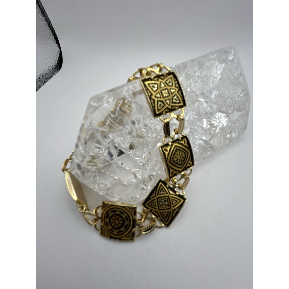 Vintage Toledo Damascene Style Curved Panel Bracelet Geometric Designs Gold Tone
